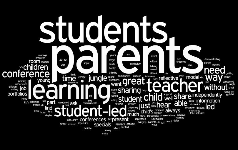 Word collage with black background and white lettering - students, parents, learning, conference, student-led independently