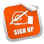 Orange button outlined in silver with hand holding pencil. The sign says SIGN UP