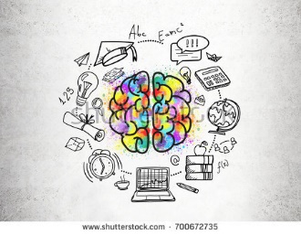 image of multicolored brain split in half with computer, clock globe, science formulas encircling the brain.