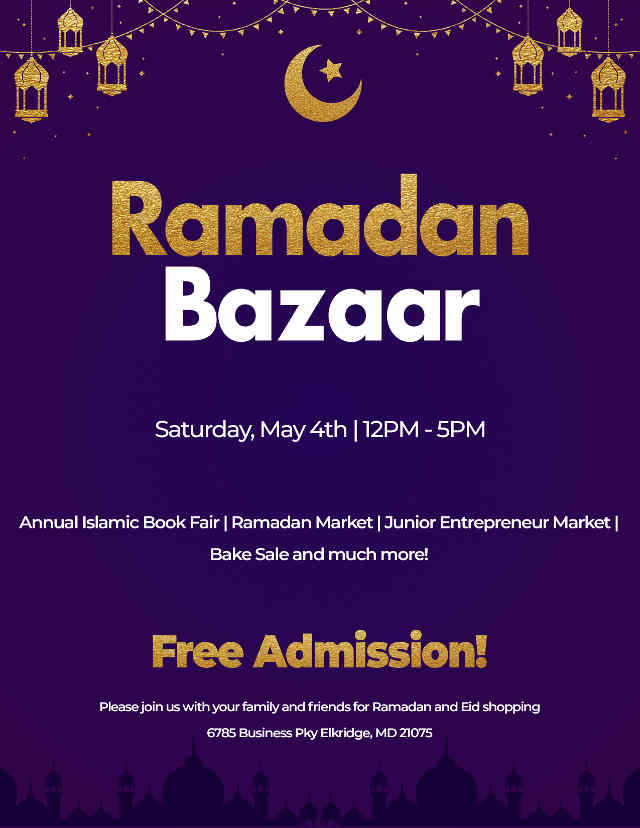 Purple flier with gold and white lettering with crescent moon - Ramadan Bazaar