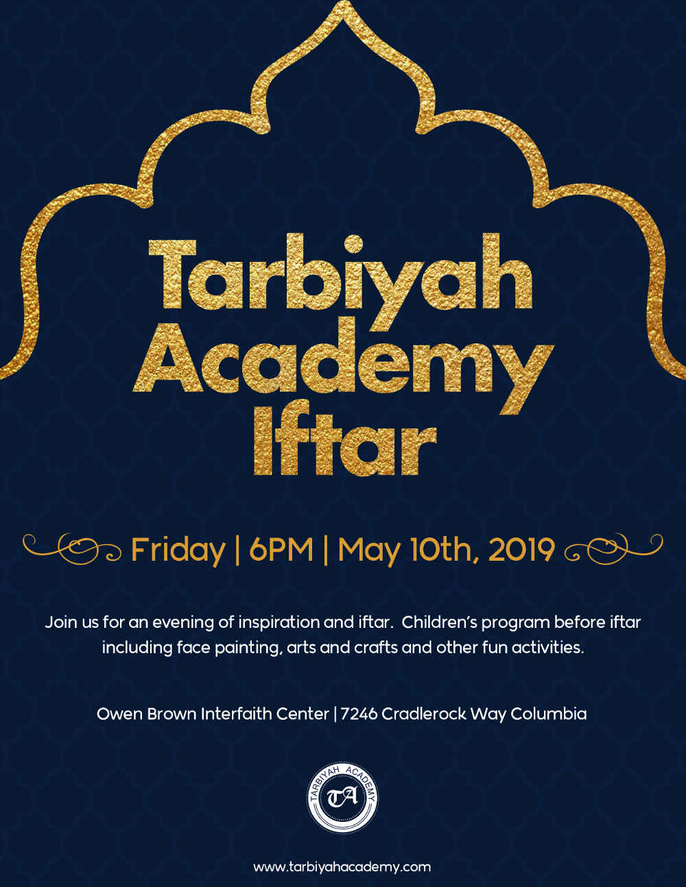 Tarbiyah Academy Iftar in gold lettering against dark blue background