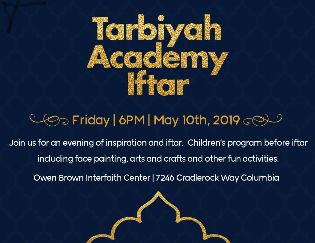 blue flier with gold lettering - Tarbiyah Academy iftar Friday May 10, 6pm