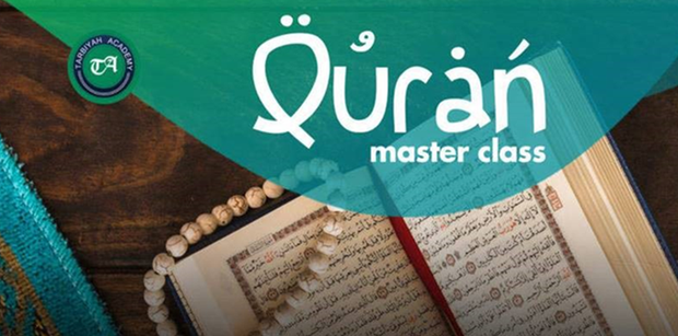 Image of open Qur'an with prayer beads - heading Qur'an Master Class