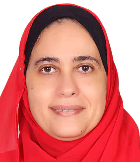 Photo of smiling woman wearing black underscarf and red hijab with white background