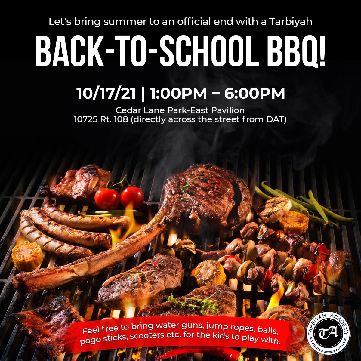 [Image Description: Back To School BBQ Flyer - various meats and vegetables on the grill