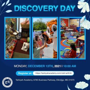 Blue background flier - Discovery Day , Monday, December 13, 2021 - 10AM Register at https://tarbiyahacademy.com/visit-ta/6:34