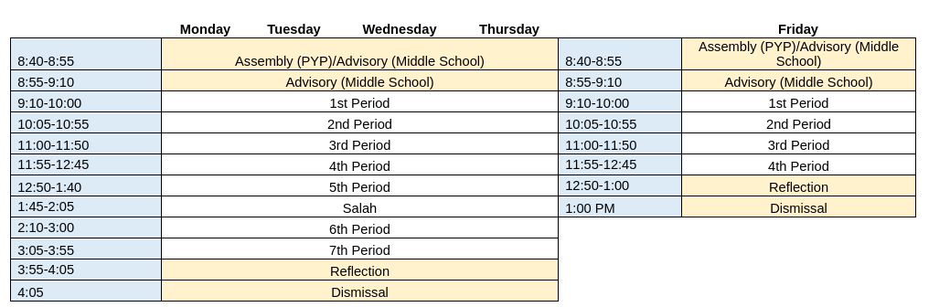 Daily Schedule – Tarbiyah Academy
