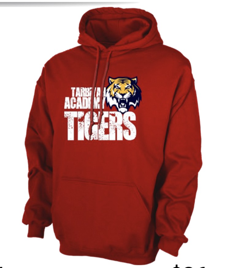red sweatshirt emblazoned with Tarbiyah Academy Tigers and tiger face